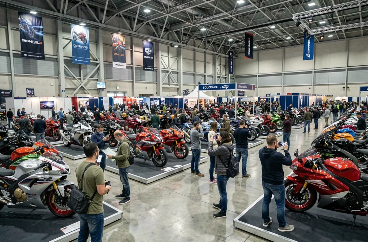 Vue panoramique du salon EICMA à Milan avec des rangées de motos exposées et des visiteurs en train de découvrir les nouveautés