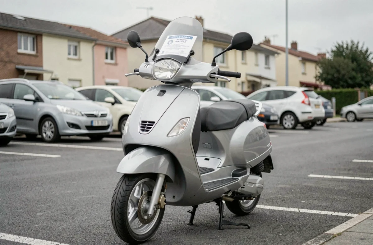 Scooter 125cc garé avec attestation d'assurance visible derrière le pare-brise dans un parking résidentiel