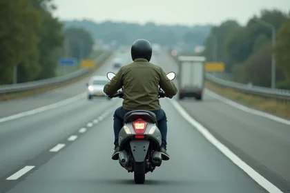 Scooter 125cc roulant sur une autoroute française entouré de poids lourds et de voitures, vue arrière en angle bas