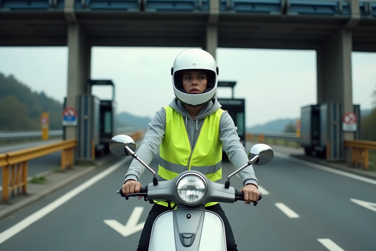 Jeune femme sur scooter 50cc à l'entrée d'un péage d'autoroute face à une signalisation restrictive