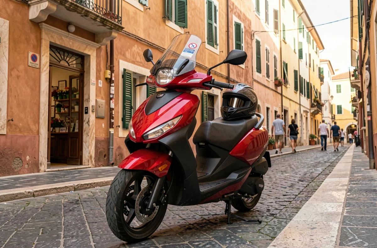 Scooter assuré garé dans une rue pittoresque du Vieux-Nice avec un sticker d'assurance visible