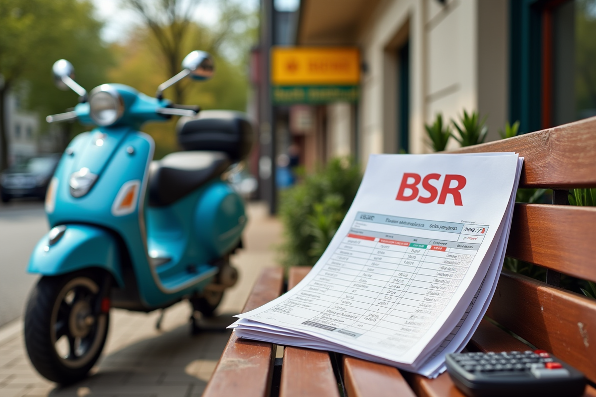 Scooter garé devant une école de conduite avec calculatrice en plein soleil
