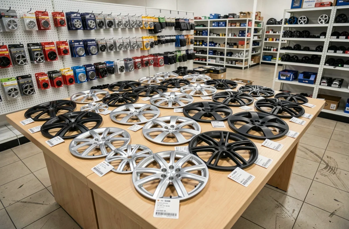 Sélection de covering jantes pour auto et moto avec étiquettes de prix en magasin