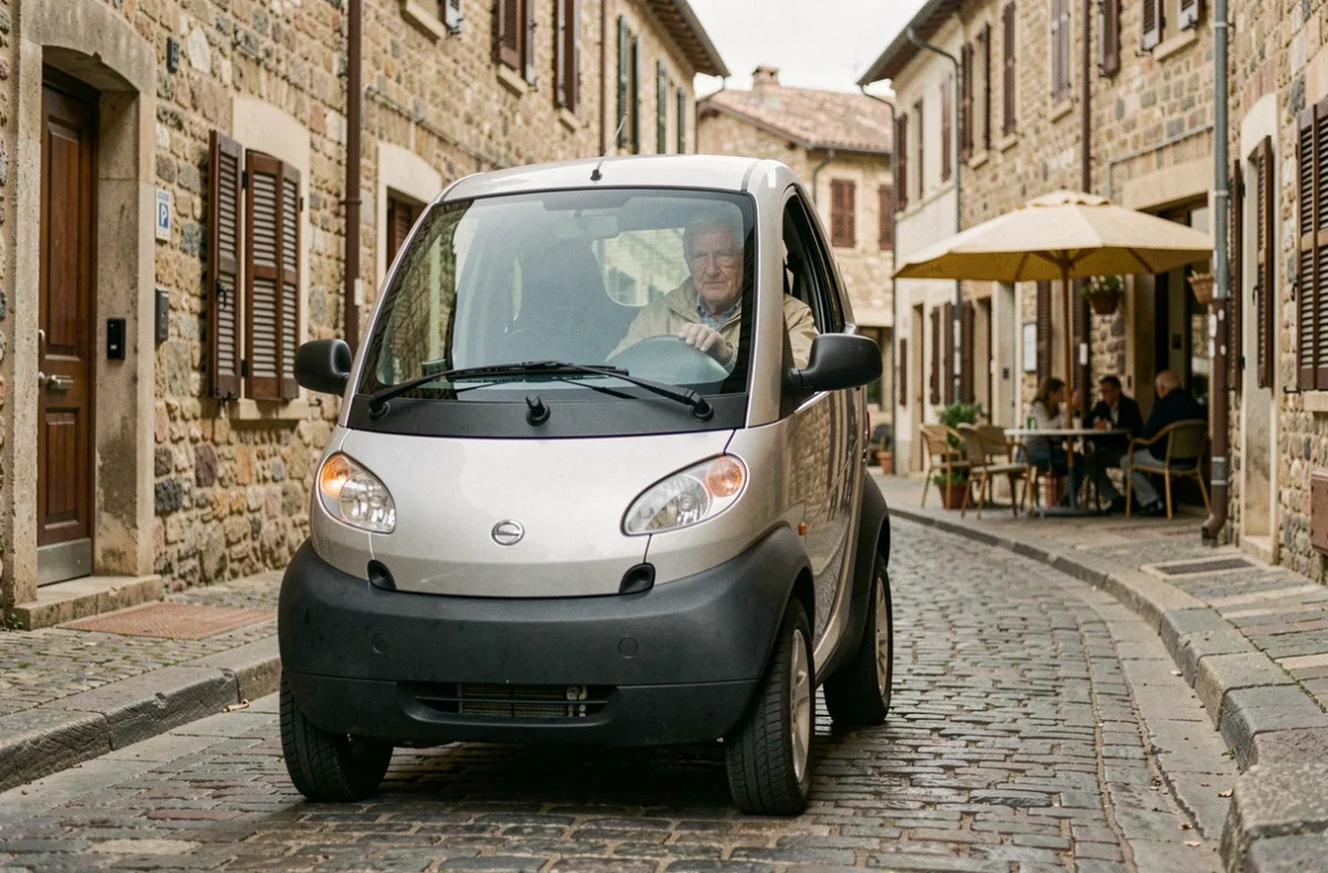 Homme senior manœuvrant une voiture sans permis quatre places dans un village français