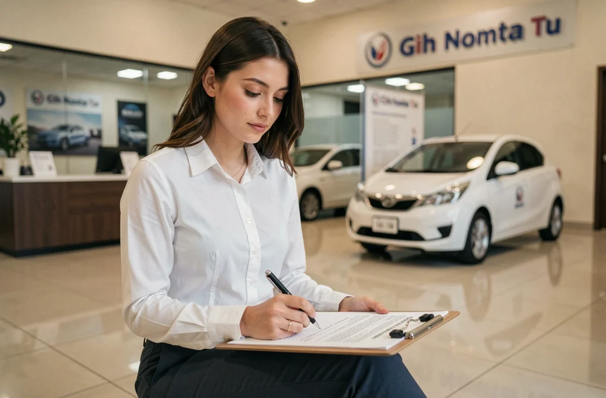 Jeune femme signant un contrat de crédit pour l'achat d'une voiture sans permis dans une concession automobile