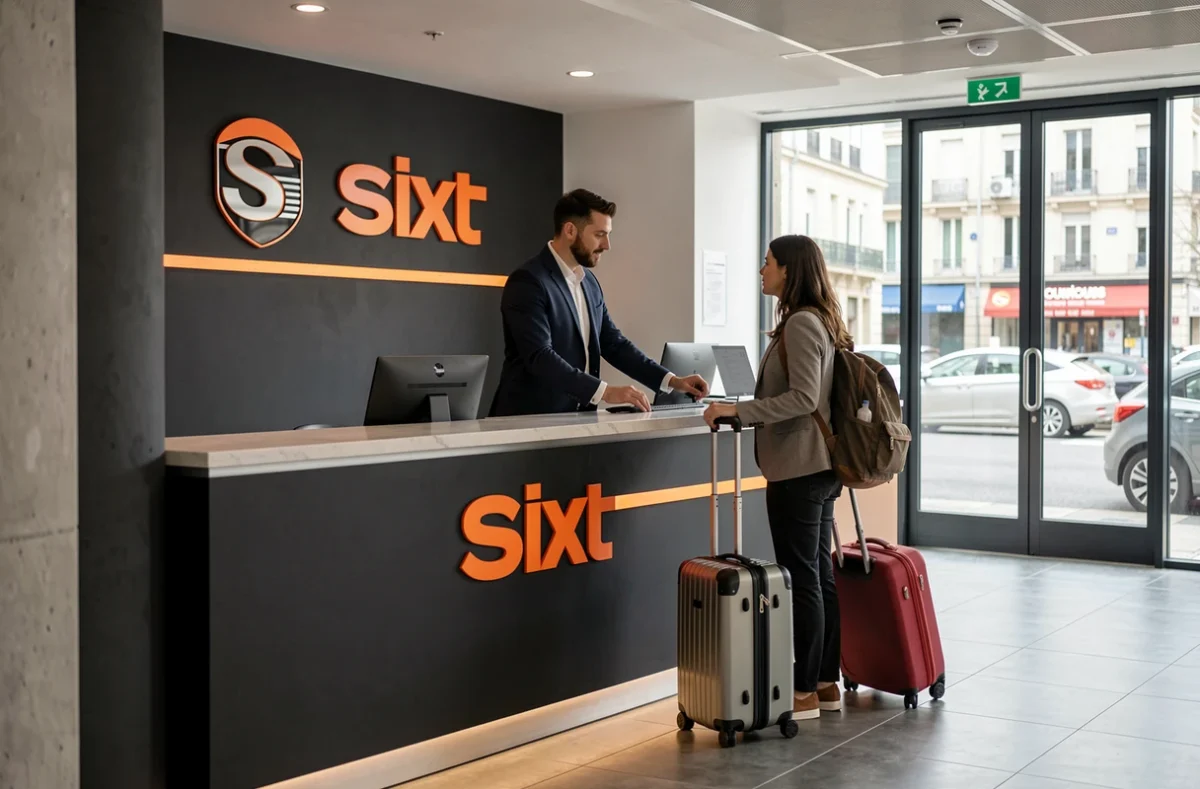 Agent Sixt Toulouse en blazer sombre assistant une cliente au comptoir moderne de l'agence