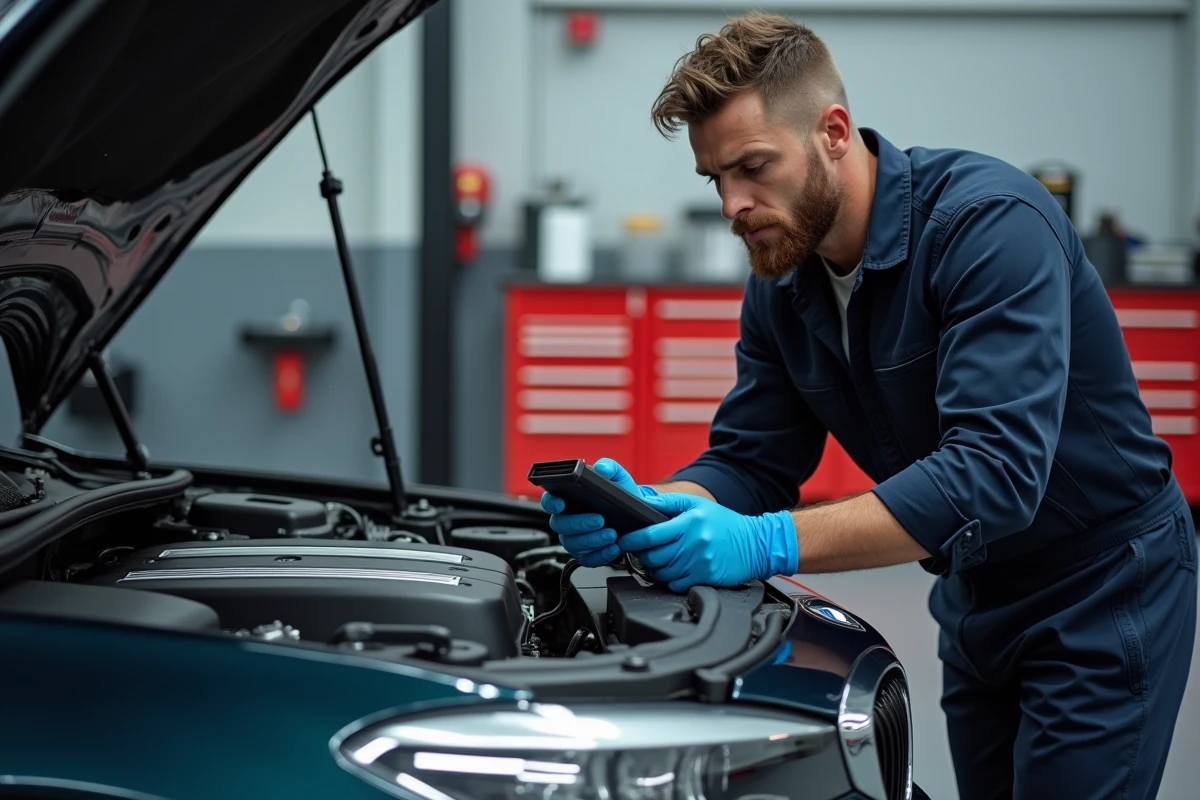 Technicien automobile diagnostiquant une panne sur un moteur BMW avec un scanner OBD-II dans un atelier professionnel