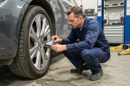 Technicien automobile inspectant des jantes de voiture dans un garage professionnel