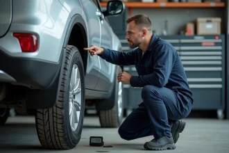 Technicien automobile lisant les dimensions d'un pneu SUV dans un atelier de pneumatiques professionnel