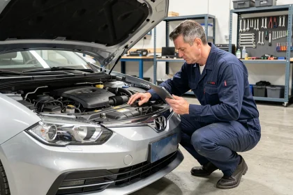 Technicien automobile inspectant le groupe motopropulseur d'une voiture hybride dans un atelier professionnel