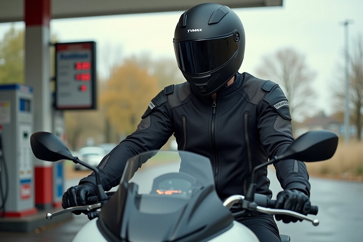 Motard équipé assis sur un TMAX 750 dans une station-service, illustrant le coût d'utilisation et l'équipement d'un maxi scooter sportif