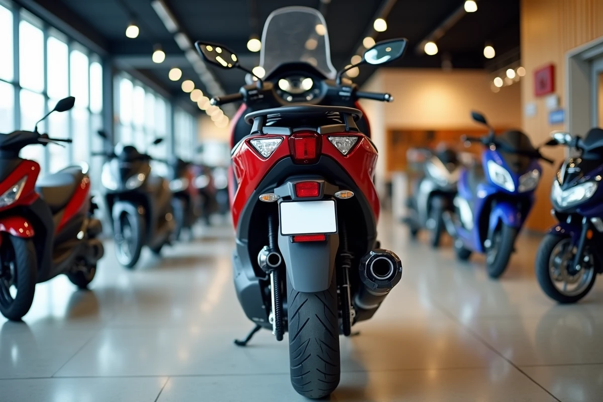 TMAX 750 exposé dans une concession moto avec étiquette de prix visible, illustrant le tarif officiel du maxi scooter sportif en concession
