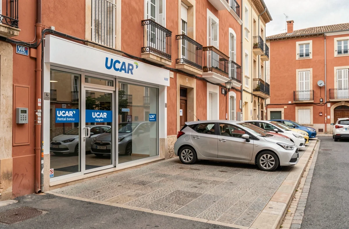 Façade de l'agence UCAR à Perpignan avec des véhicules de location garés devant l'entrée