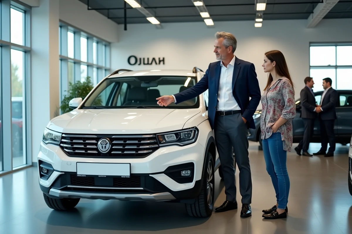 Vendeur présentant le prix du Lada Niva 4x4 à des clients dans une concession automobile avec remises constructeur
