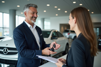 Vendeur automobile souriant remettant des clés à une cliente