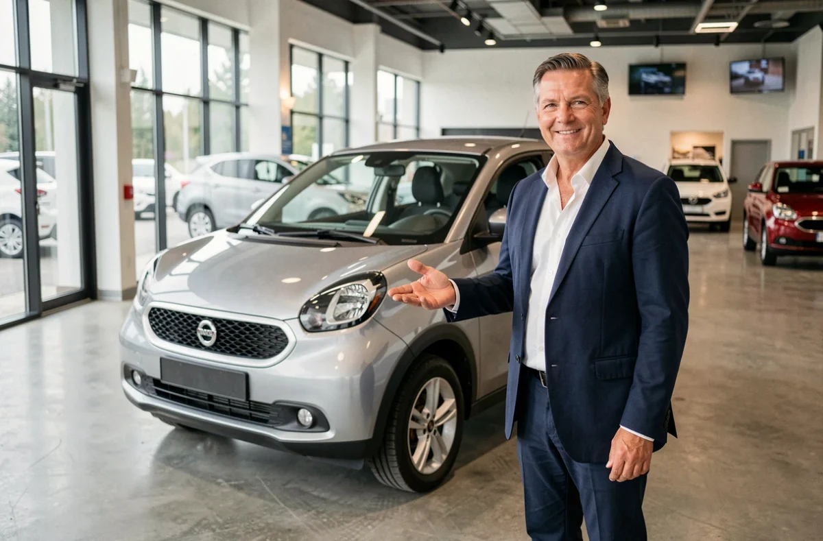 Vendeur présentant une voiture sans permis quatre places dans une concession automobile moderne