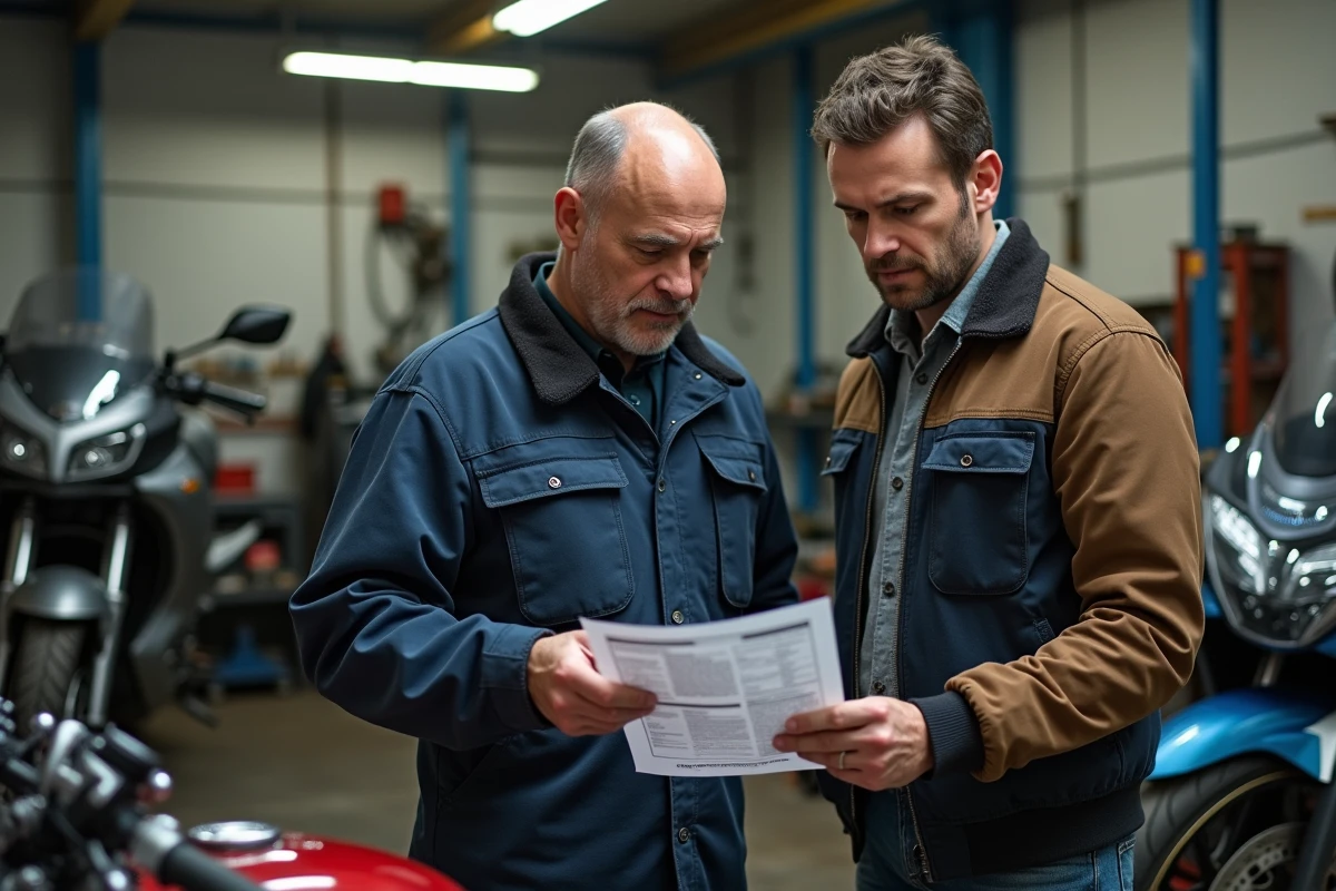 Mécanicien et acheteur examinant un rapport d'historique de moto d'occasion dans un garage