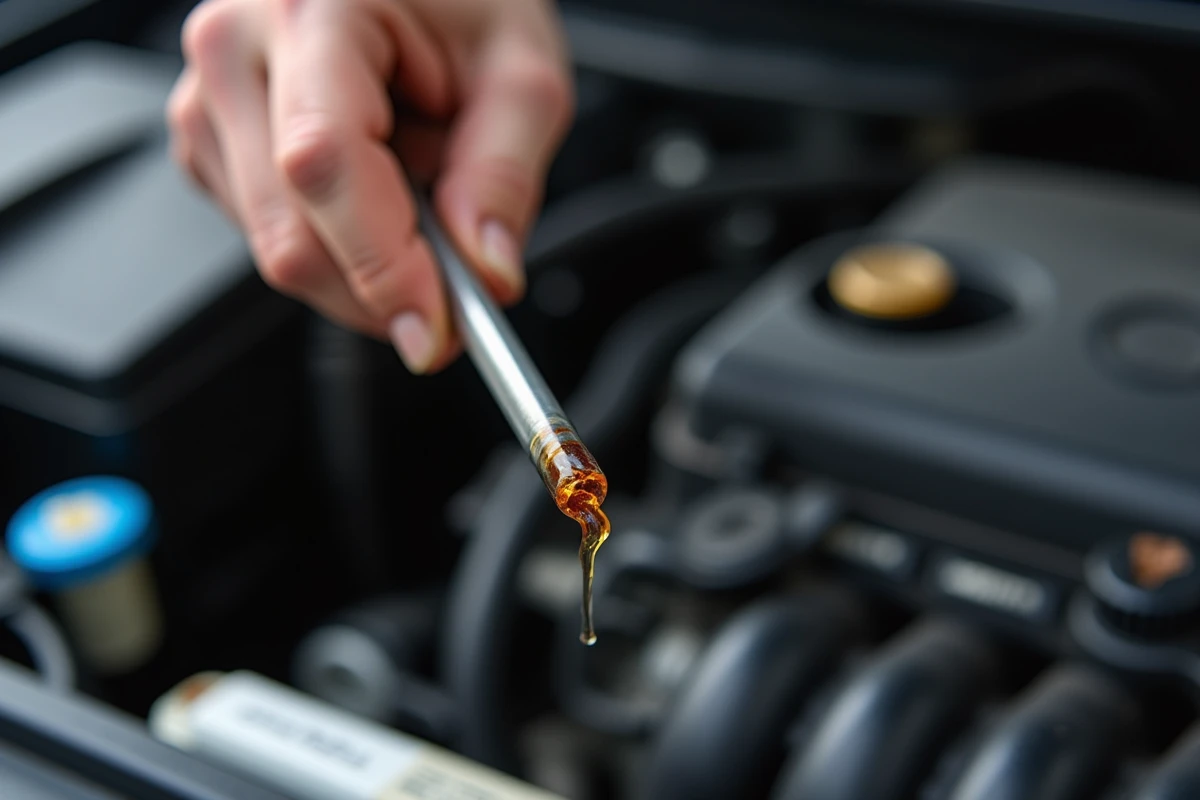 Vérification du niveau d'huile moteur d'un 1.5 dCi Renault, jauge d'huile usagée en gros plan