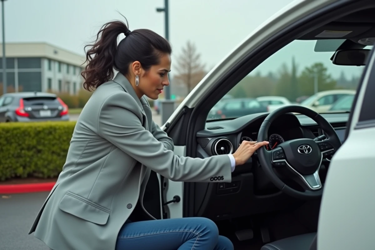 Femme examinant l'intérieur d'une Toyota C-HR blanche d'occasion chez un concessionnaire, vérification du tableau de bord et du kilométrage