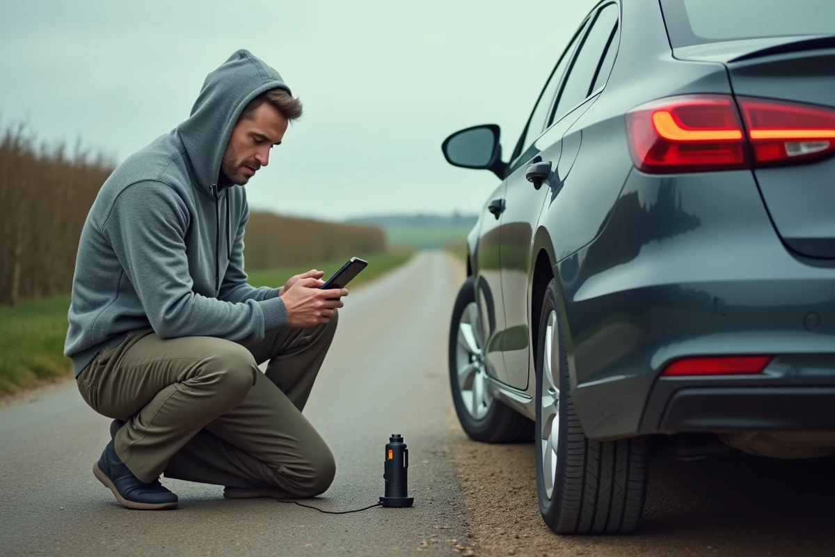 Homme vérifiant la pression d'un pneu dégonflé sur le bord de la route avec une application mobile sur son téléphone