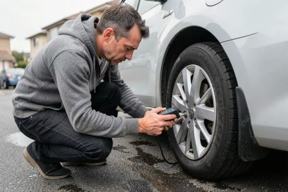 Homme vérifiant la pression des pneus d'une Toyota Yaris Hybride avec un manomètre numérique dans une rue résidentielle