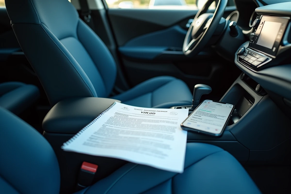 Vérification du numéro VIN et du rapport d'historique d'un véhicule Toyota C-HR d'occasion, documents posés sur le siège avant