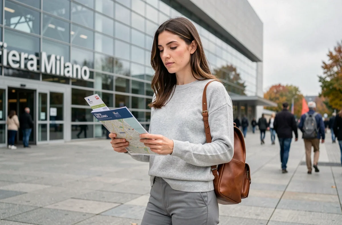 Visiteuse consultant son billet et le plan du salon EICMA devant l'entrée de la Fiera Milano en automne