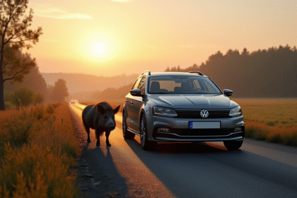Voiture endommagée avec un sanglier à côté au lever du jour