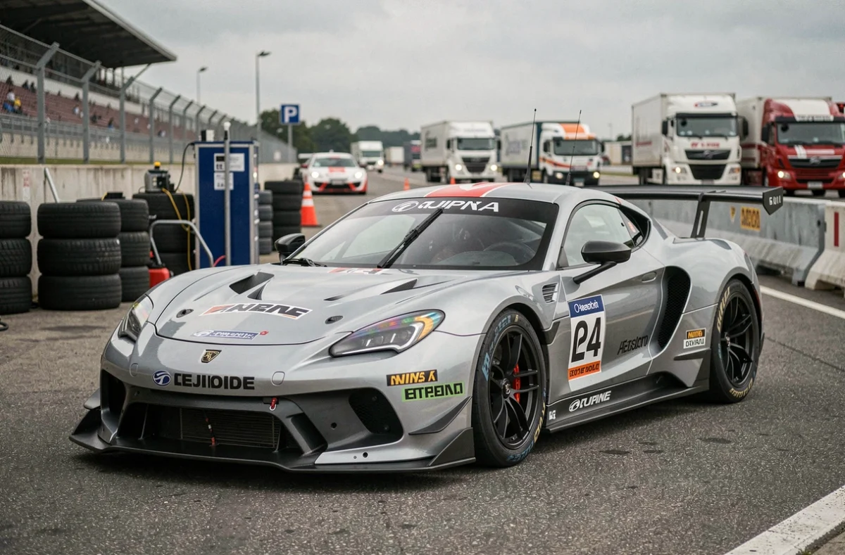 Voiture de course GT argent exposée dans le paddock d'un circuit automobile professionnel