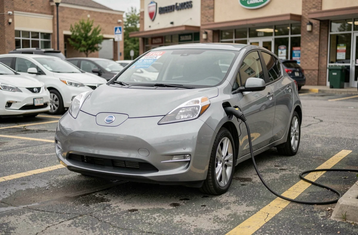 Voiture électrique en charge dans un parking de centre commercial avec vignette d'assurance visible
