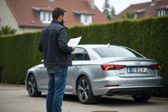 Homme regardant la plaque d'immatriculation d'une voiture importée