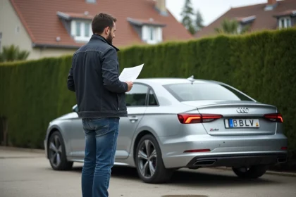 Homme regardant la plaque d'immatriculation d'une voiture importée