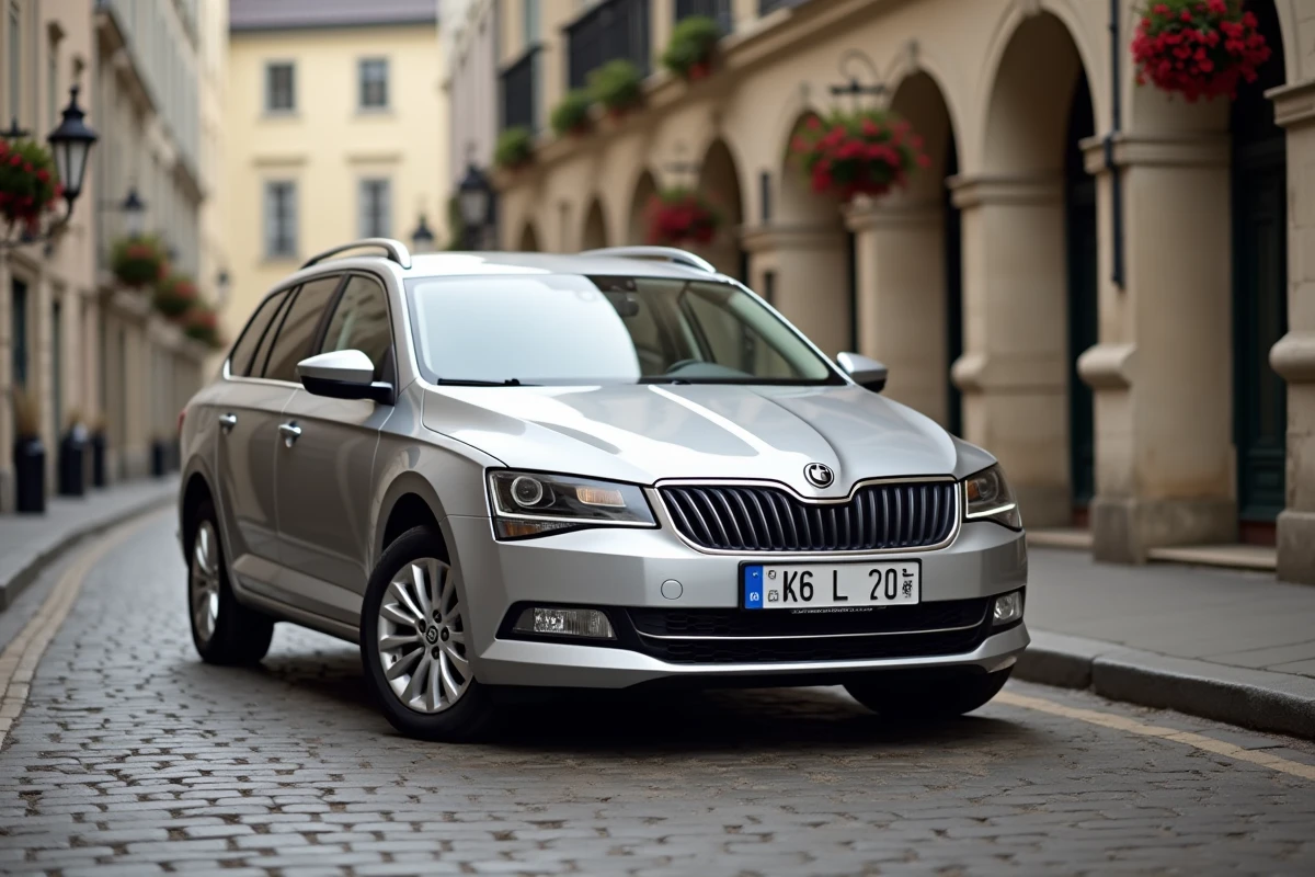 Voiture immatriculée au Luxembourg avec plaque L garée dans une rue pavée européenne