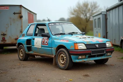Voiture de rallye occasion Peugeot 205 GTI garée à côté d'une remorque métallique dans un parking en graviers