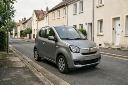 Voiture sans permis diesel compacte garée dans une rue résidentielle française, vue de trois quarts avant