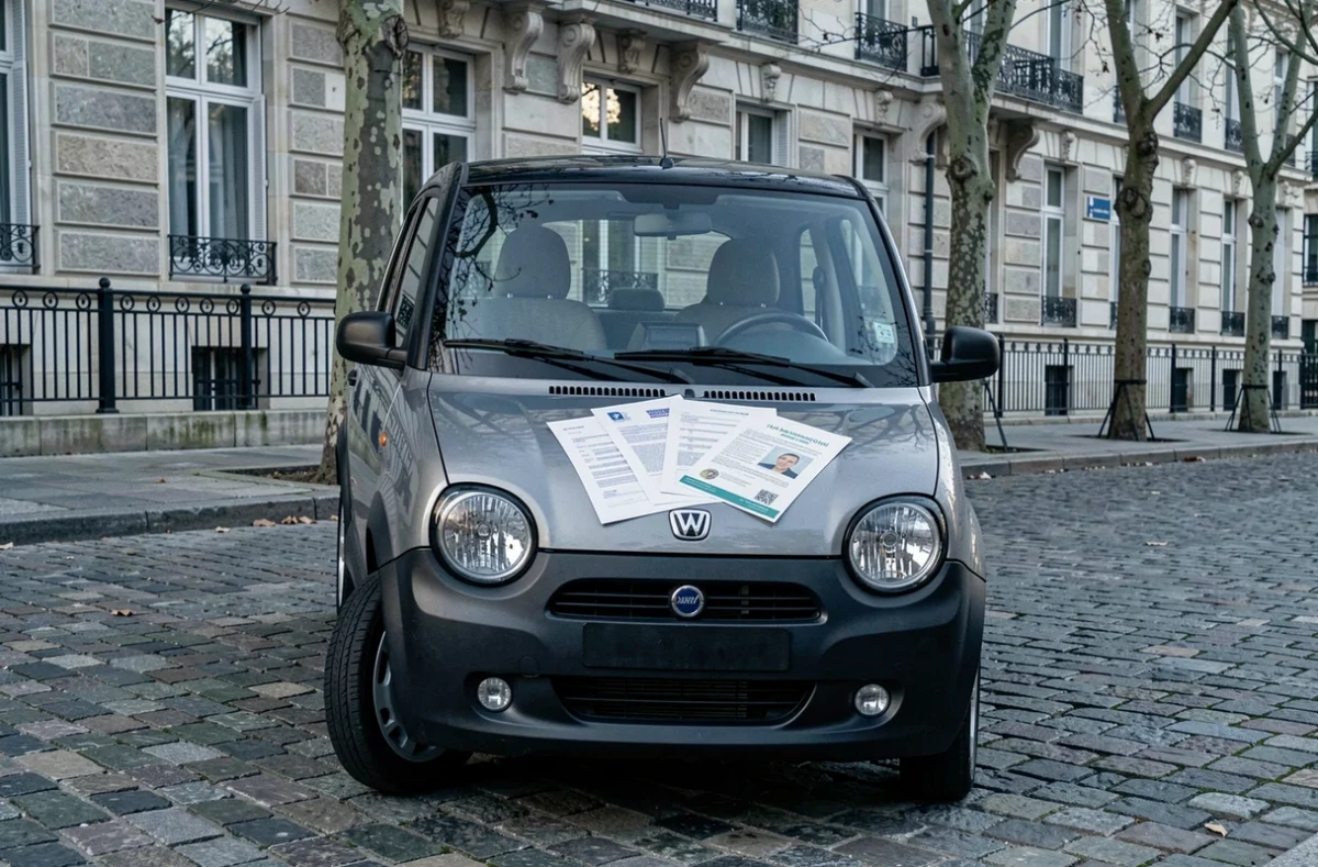 Voiture sans permis garée devant un bâtiment administratif français avec documents officiels posés sur le capot