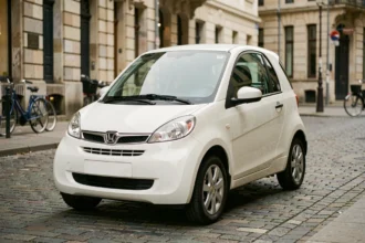 Voiture sans permis quatre places blanche garée dans une rue pavée européenne, vue de trois quarts avant