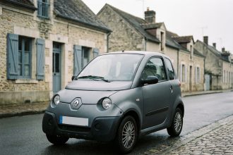 Petite voiture sans permis garée dans une rue résidentielle française, vue de trois quarts avant