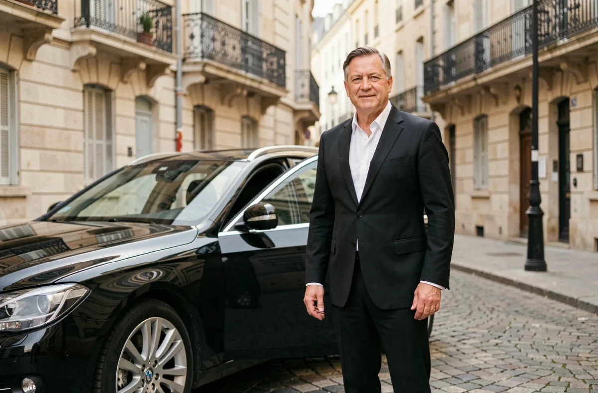 Chauffeur professionnel en costume noir debout près d'une berline executive à Montpellier pour le service Votre Chauffeur ABC