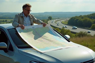 Homme d'âge moyen examinant une carte autoroute en extérieur